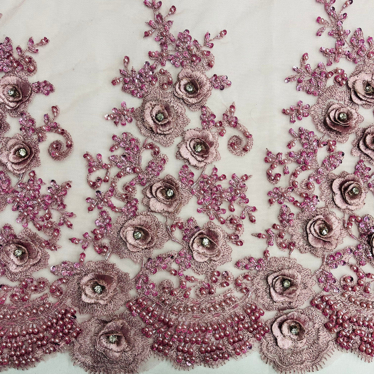 Beaded Rhinestone 3D Floral Lace Fabric 54" Wide