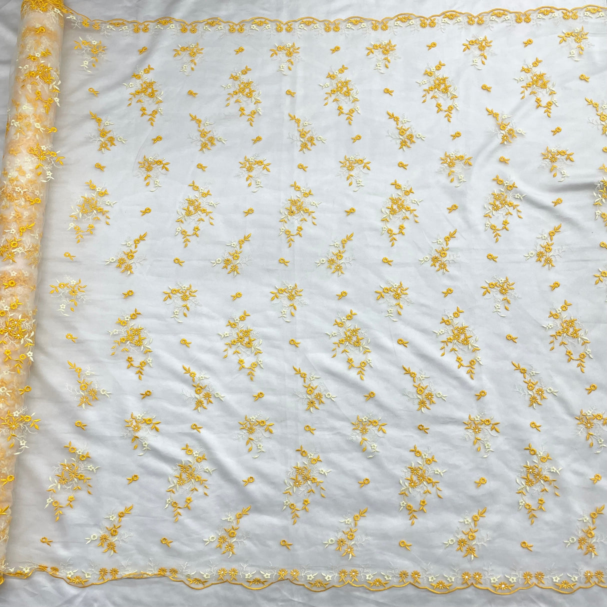 Beaded Lace Fabric Embroidered On 100 Percent Polyester Net Mesh - Yellow, Lilac, Brown/Orange, 54" Width (1 Yard)