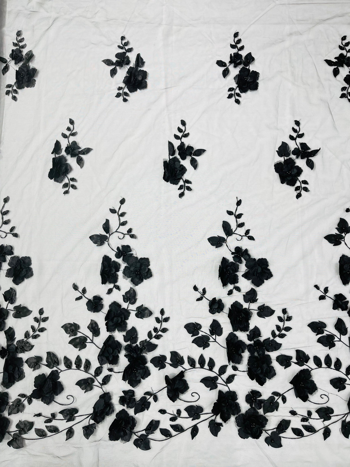 Orquidia 3D Floral Design Embroidered With Pearls Lace Fabric - 3D Floral Mesh Lace, 54" Width (1 Yard)