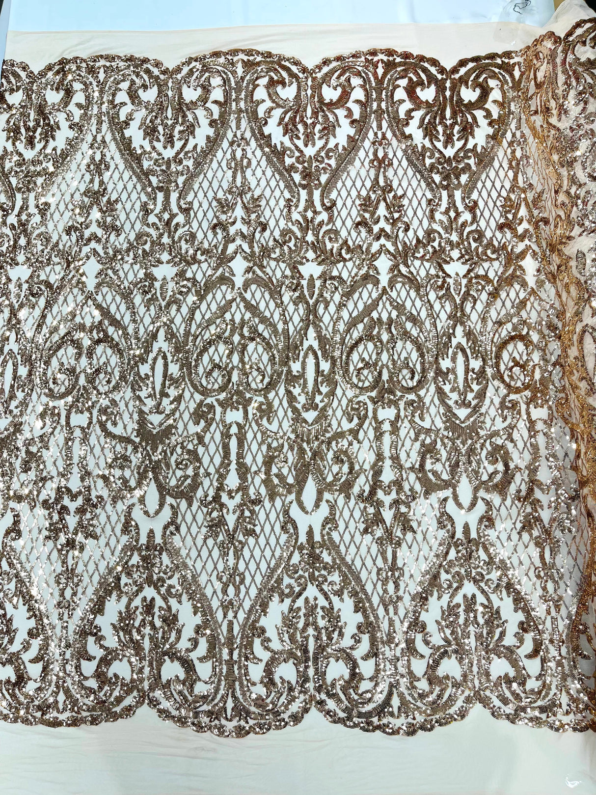 Heart Sequin Damask Polyester Fabric - Heart Damask, Iridescent Sequins, 54" Width (1 Yard)