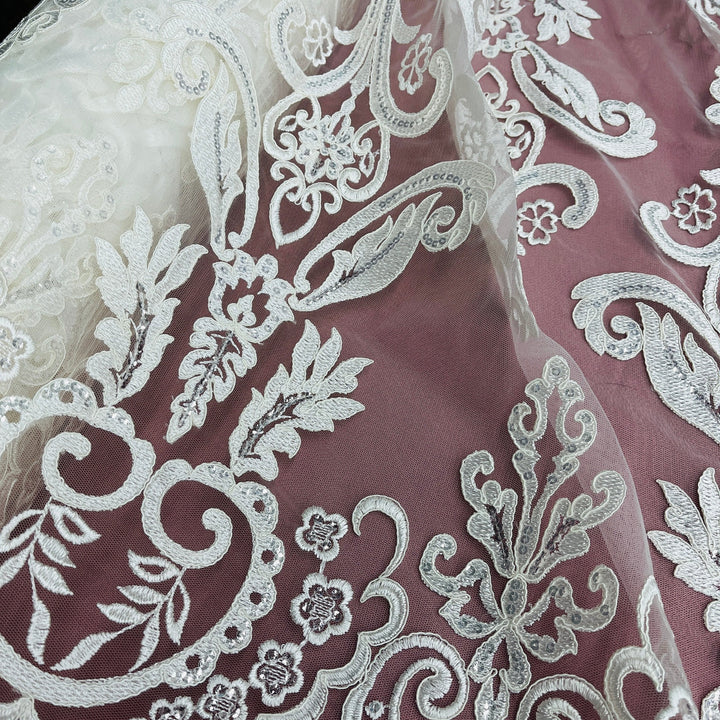 1 Yard Beaded and Corded Bridal Lace Fabric for Elegant Dresses White