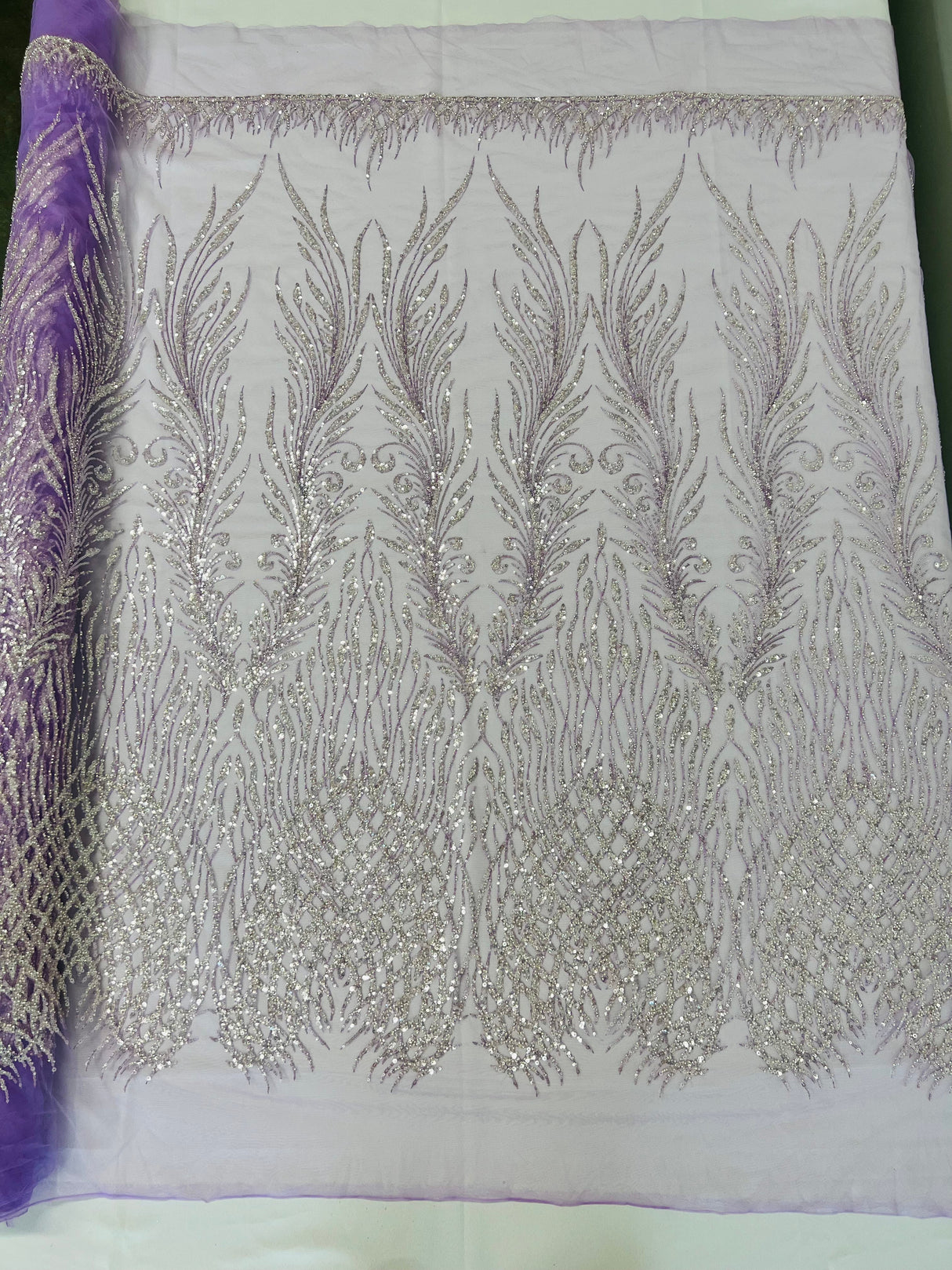 Wing Feather Damask Beaded Lace Fabric - Feather Damask, Beaded Mesh Lace, 50-54" Width (1 Yard)