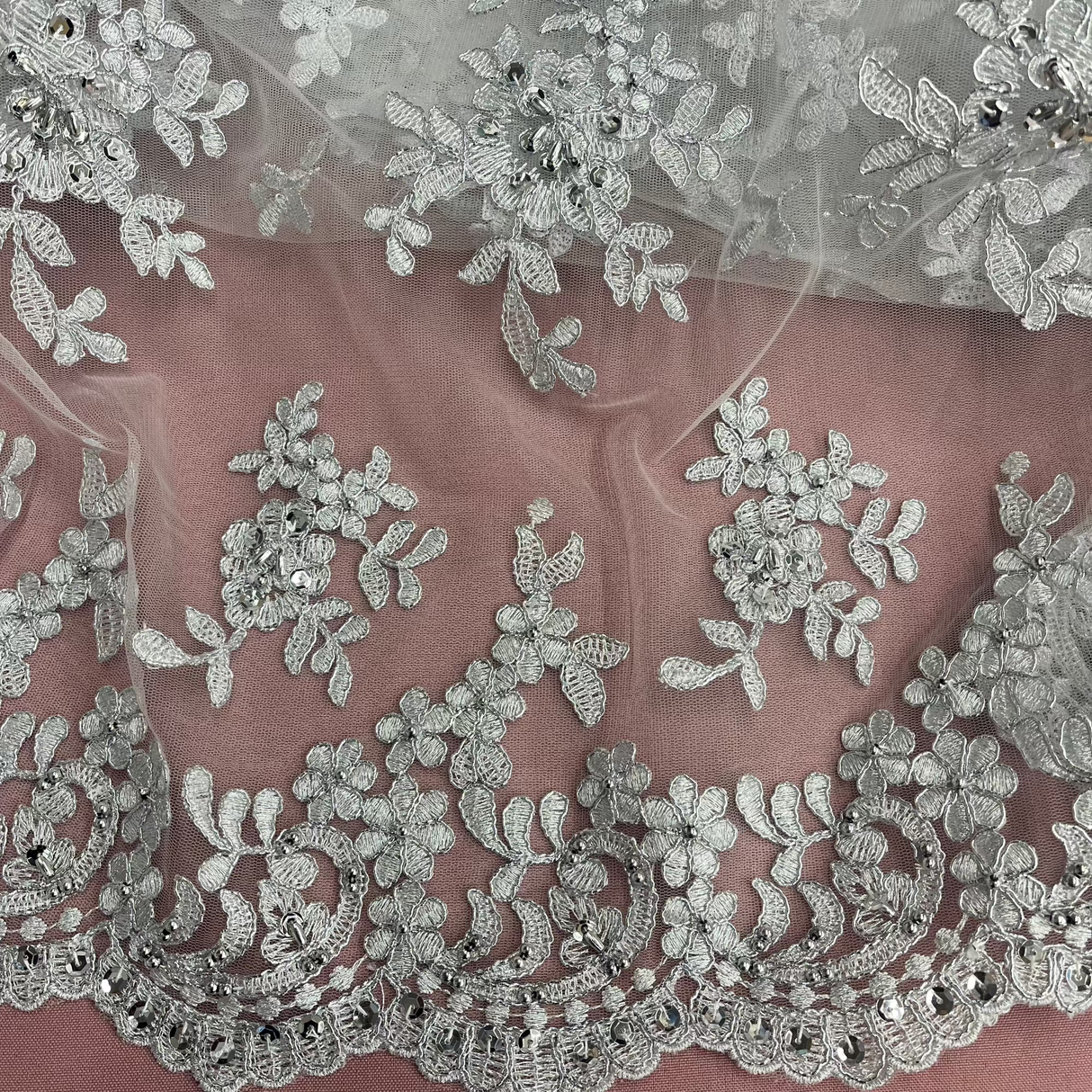 Beaded Corded Floral Lace Fabric 52" Scalloped Edges