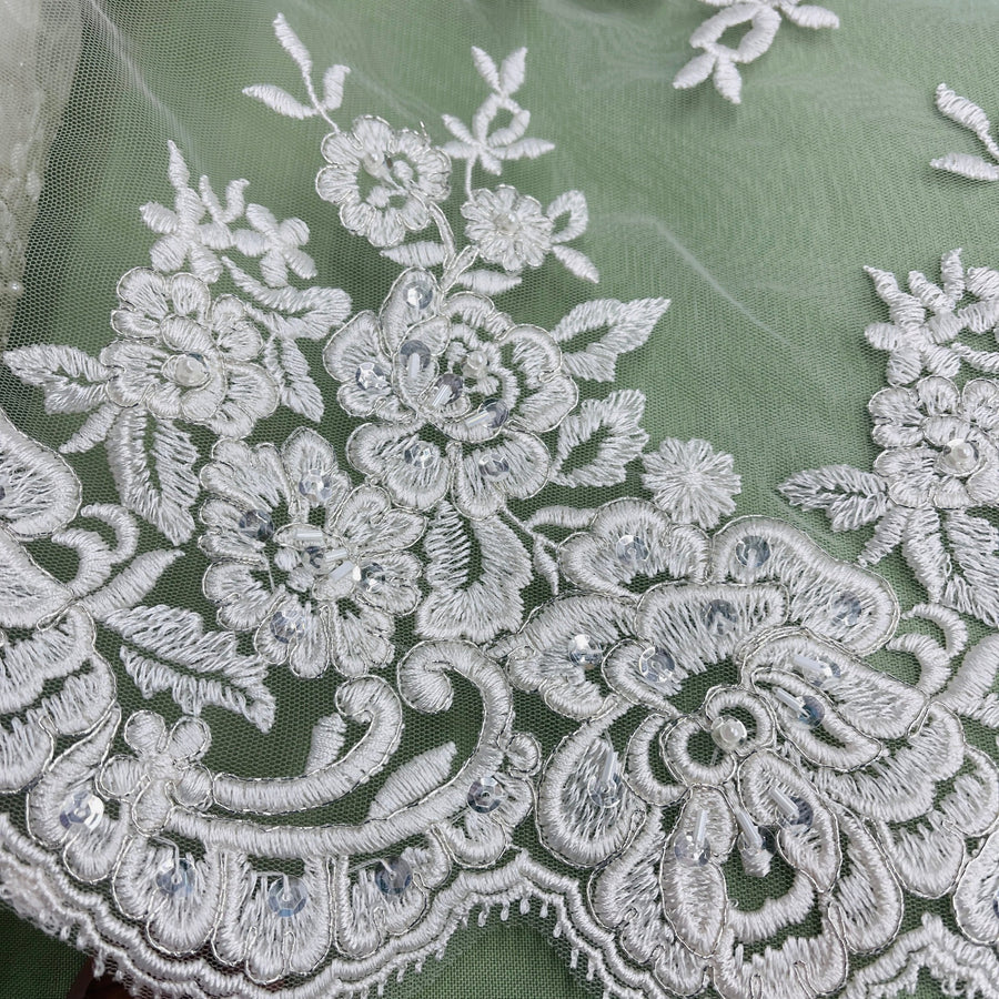 1 Yard Ivory with Silver Beaded and Corded Bridal Lace Fabric on Polyester Net Mesh 51 Inch Width