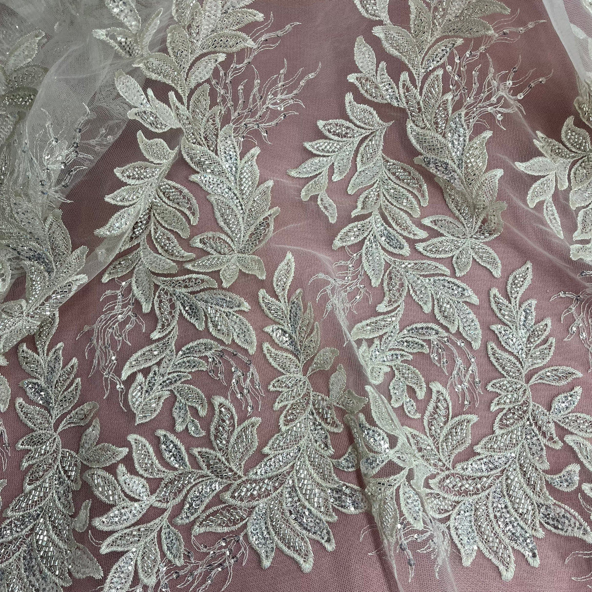 Beaded Lace Fabric on Polyester Net Mesh 54"