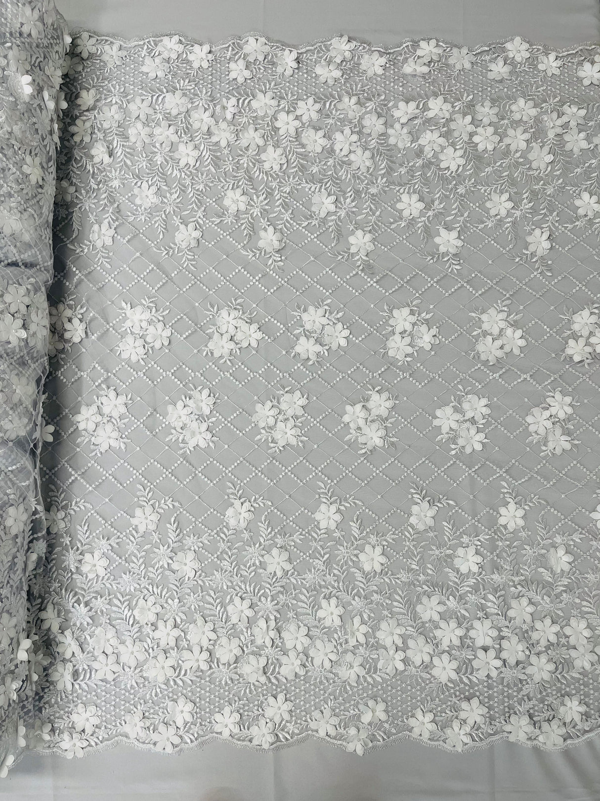 Lia 3D Floral Design Lace Fabric - Beaded Mesh, Double Scallop, 54" Width (1 Yard)