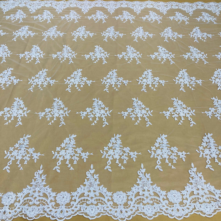 1 Yard Beaded and Corded Bridal Lace Fabric Embroidered on 100% Polyester Net Mesh White