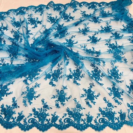 1 Yard Corded Bridal Lace Fabric Embroidered on 100 Percent Polyester Net Mesh White 56 inch Width