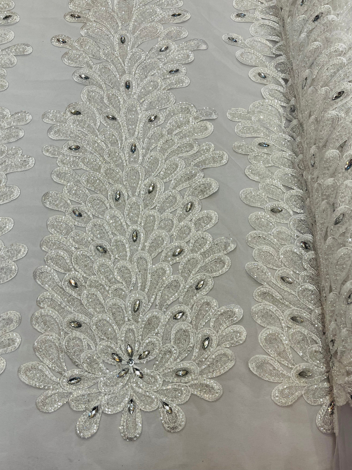 New Vegas Heavy Beaded Feather Design Embroidery Mesh Fabric - Beaded Feather Design, 11" Width, 50" Length (1 Panel)