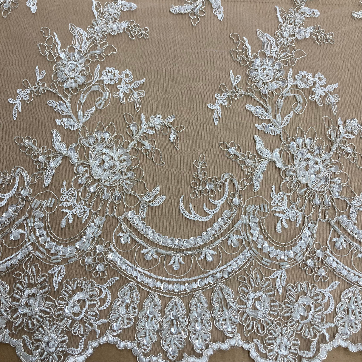 Beaded & Corded Bridal Polyester Lace Fabric - Embroidered Net Mesh, 51" Width (1 Yard)