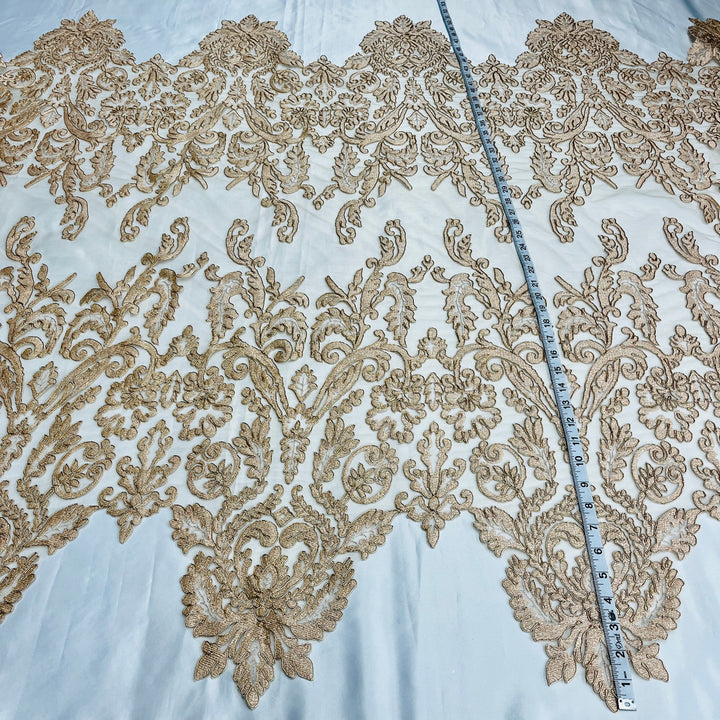 1 Yard Corded Bridal Lace Fabric Embroidered on 100% Polyester Net Mesh White