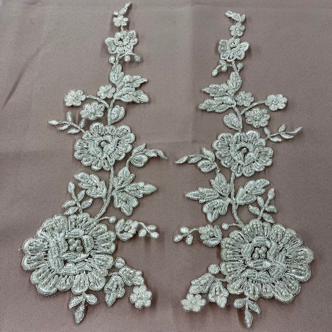 1 Pair 13" x 3.5" Beaded & Corded Floral Lace 100% Polyester Net Mesh