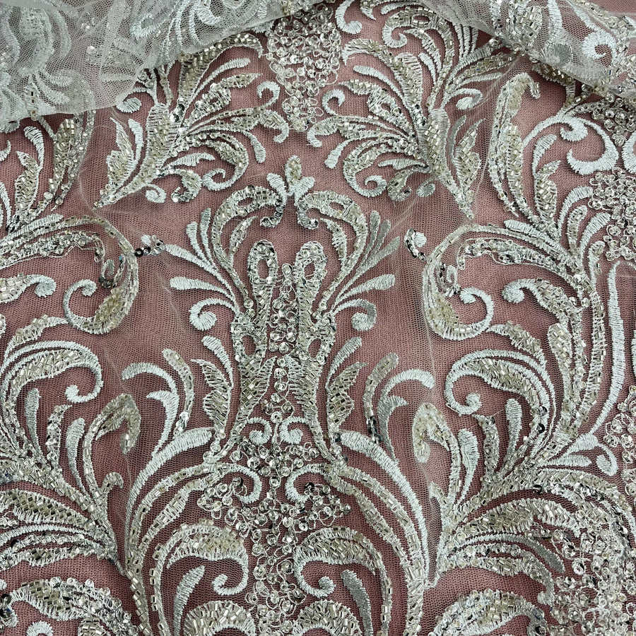 1 Yard Beaded Lace Fabric Embroidered on 100% Polyester Net Mesh, 5 Colors