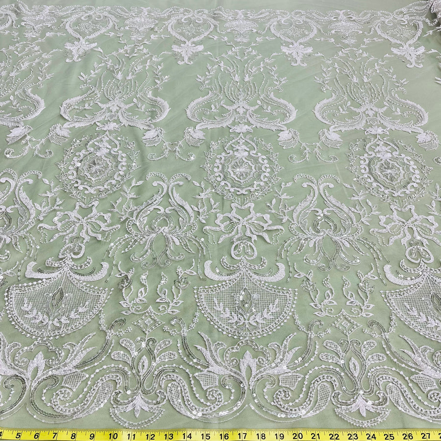 1 Yard Beaded Lace Fabric Embroidered on 100% Polyester Net Mesh Ivory