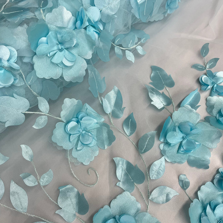 1 Yard - 3D Floral Lace Fabric Embroidered on 100% Polyester Soft Tulle Net Mesh
