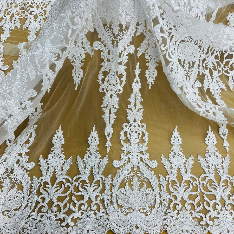 1 Yard Beaded and Corded Bridal Lace Fabric Embroidered on Polyester Net Mesh White Ivory Blush and Gold