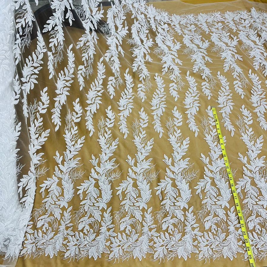 1 Yard Handmade Beaded Lace Fabric Embroidered on Polyester Net Mesh 54 inch Width