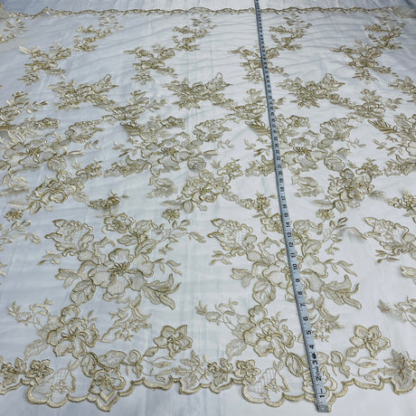 1 Yard - Corded Bridal Lace Fabric Embroidered on 100% Polyester Net Mesh - 53"