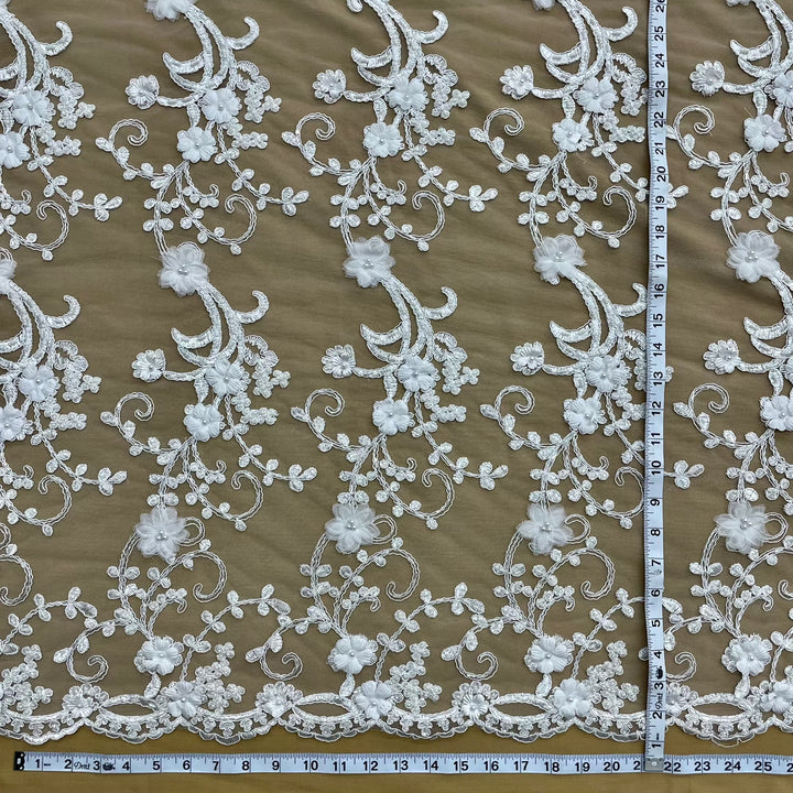1 Yard Beaded 3D Floral Lace Fabric Embroidered on 100 Percent Polyester Net Mesh White 52 inch Width