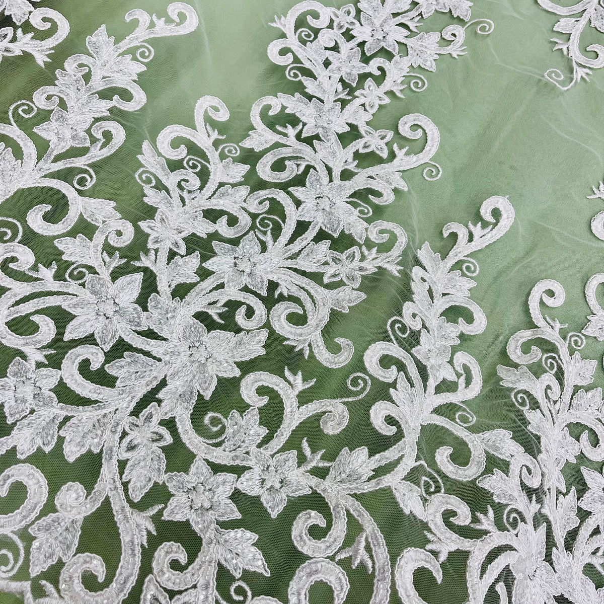 1 Yard Beaded Corded Bridal Lace Fabric, Embroidered on 100% Polyester Net Mesh