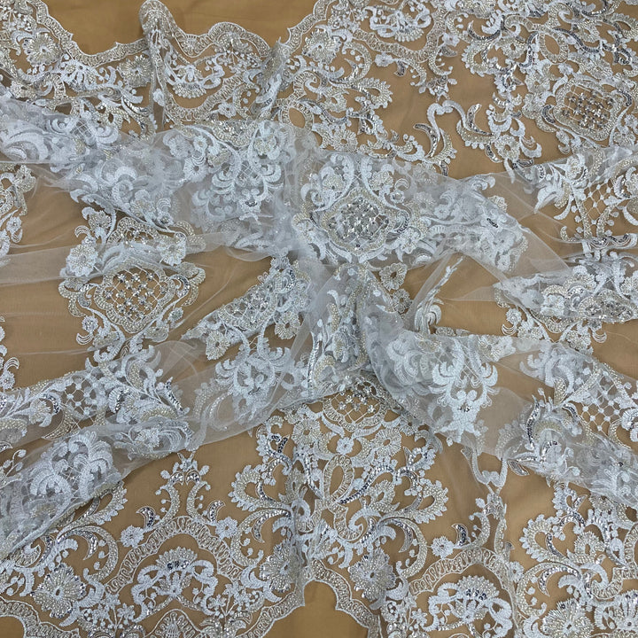 1 Yard Exquisite Beaded Lace Fabric Embroidered on 100% Polyester Net Mesh White