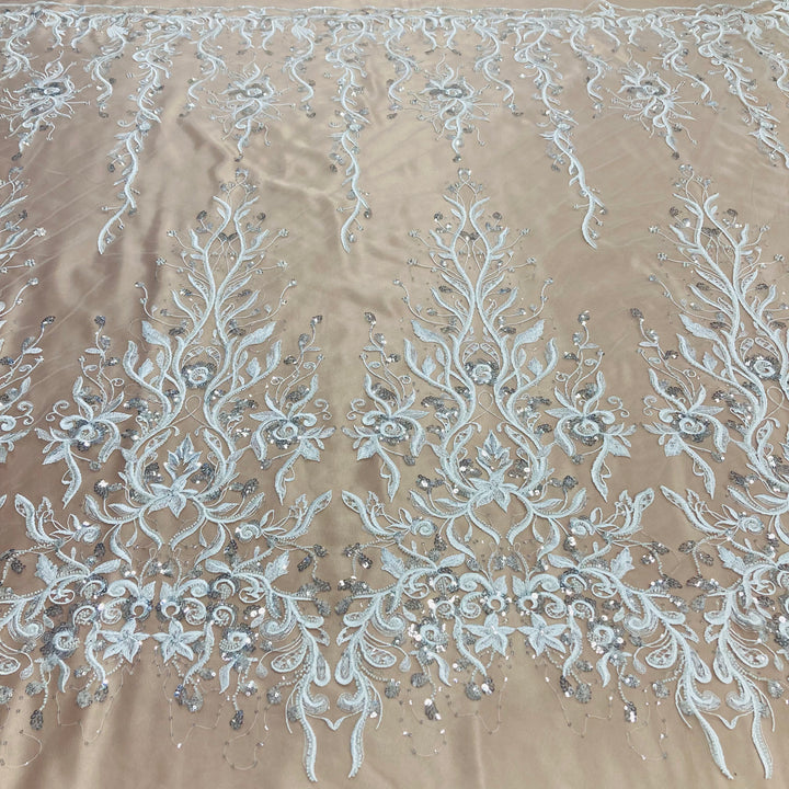 1 Yard Exquisite Beaded Lace Fabric Embroidered on 100% Polyester Net Mesh White