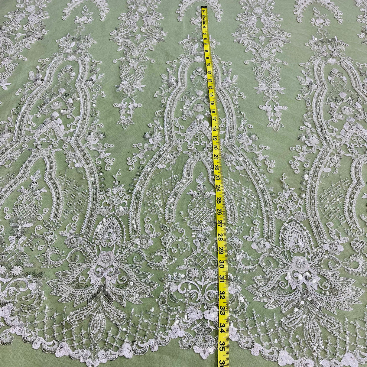 Beaded Lace Fabric Embroidered On 100 Percent Polyester Net Mesh Fabric - White, Ivory, Antique Silver, 52" Width (1 Yard)
