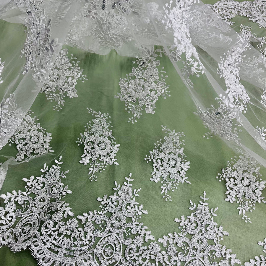 1 Yard Beaded and Corded Lace Fabric Embroidered on Polyester Net Mesh