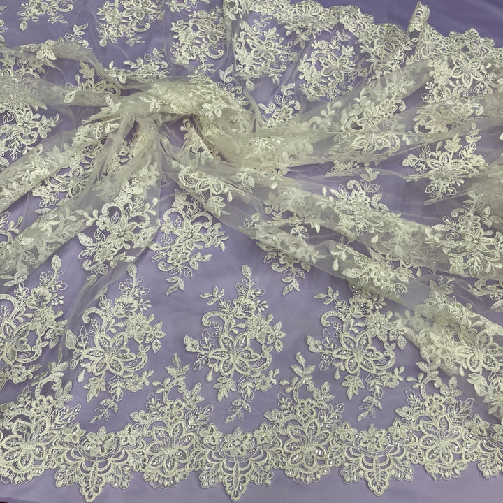 1 Yard Premium Beaded and Corded Bridal Lace Fabric Embroidered on 100% Polyester Net Mesh White