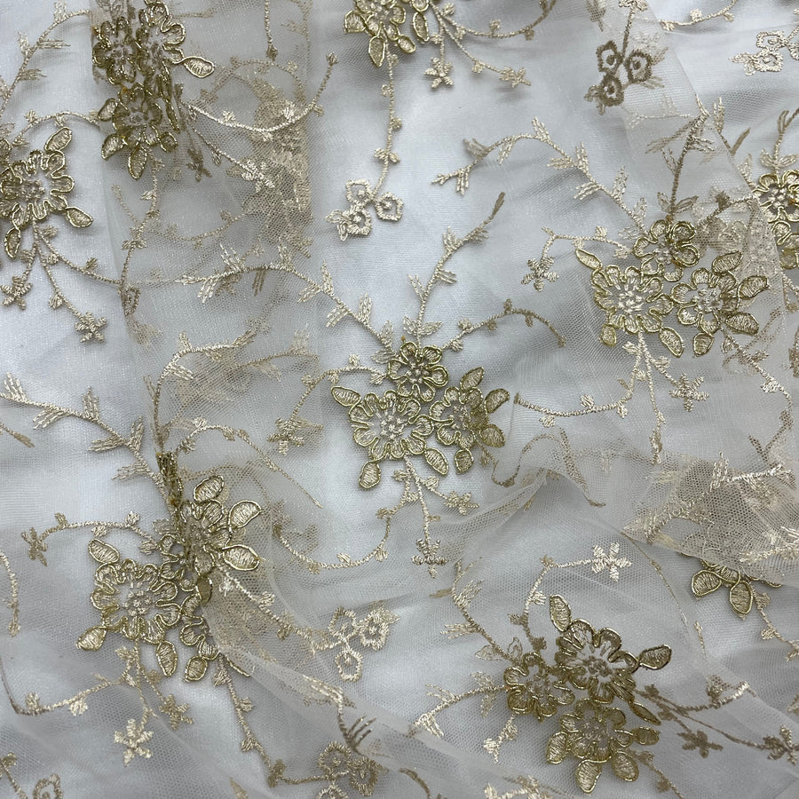 1 Yard - Corded Bridal Lace Fabric Embroidered on 100% Polyester Net Mesh - Ivory - 52"
