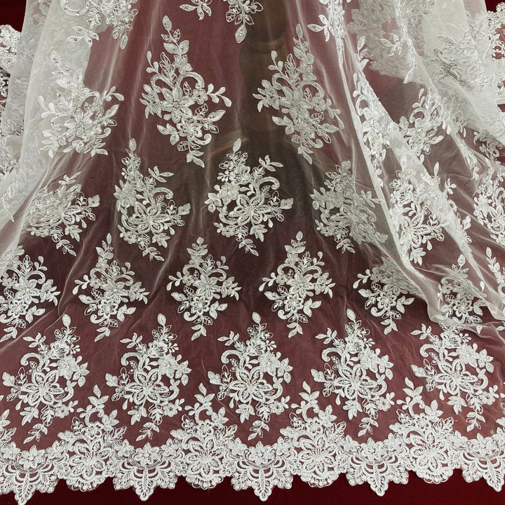 1 Yard Premium Beaded and Corded Bridal Lace Fabric Embroidered on 100% Polyester Net Mesh White