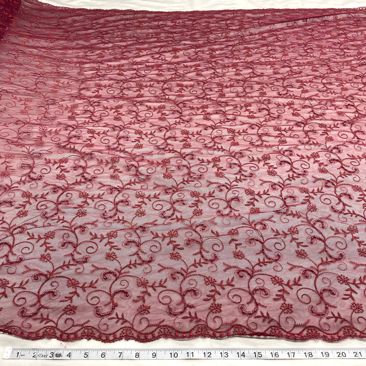 Beaded Lace Fabric on Polyester Net Mesh Red 52"