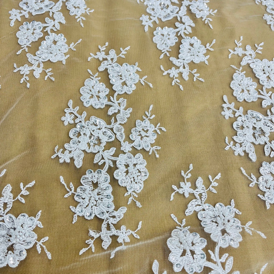1 Yard Ivory Beaded and Corded Bridal Lace Fabric Embroidered on Polyester Net Mesh 51 Inch Width