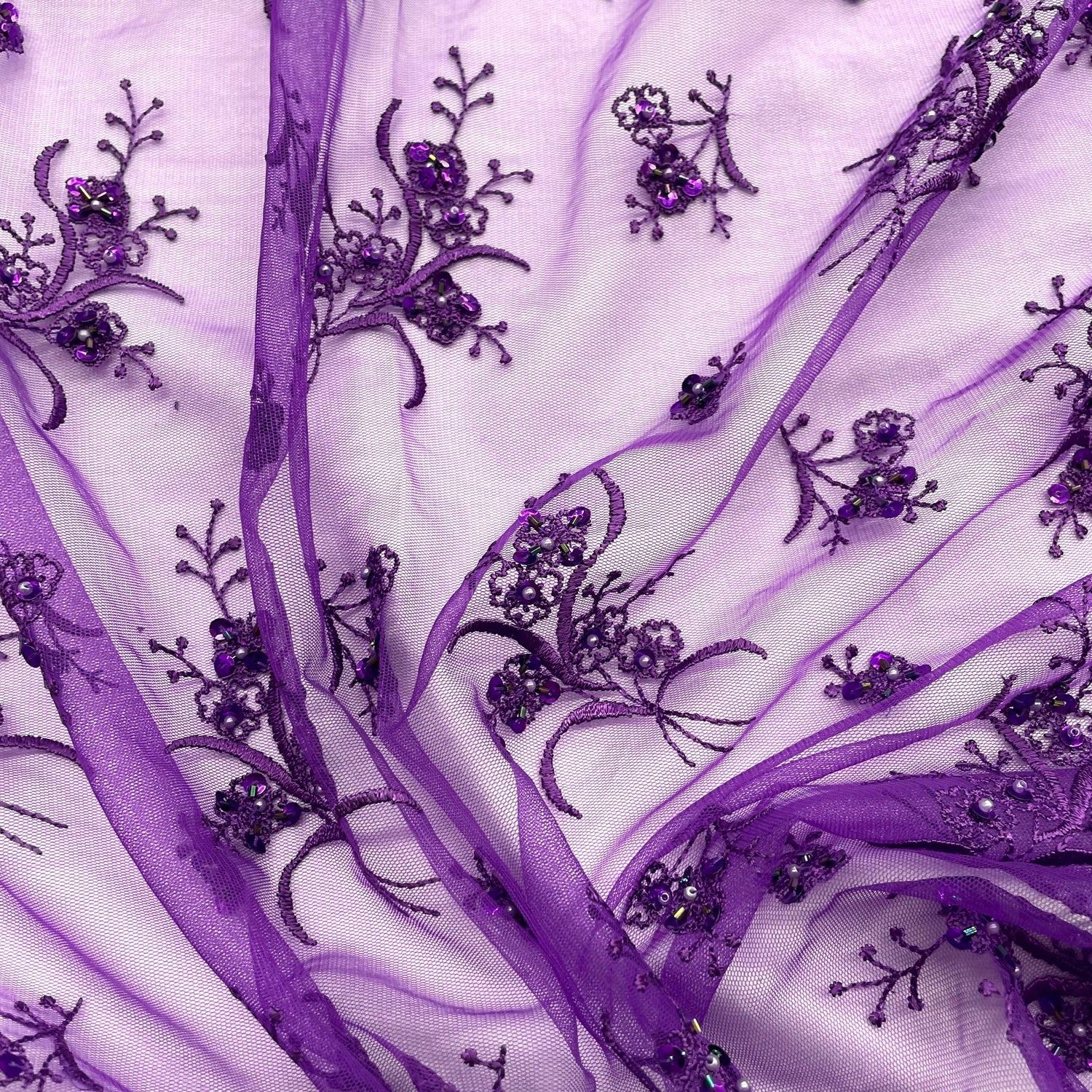 1 Yard Elegant Beaded Lace Fabric Embroidered on Polyester Net Mesh – 54"