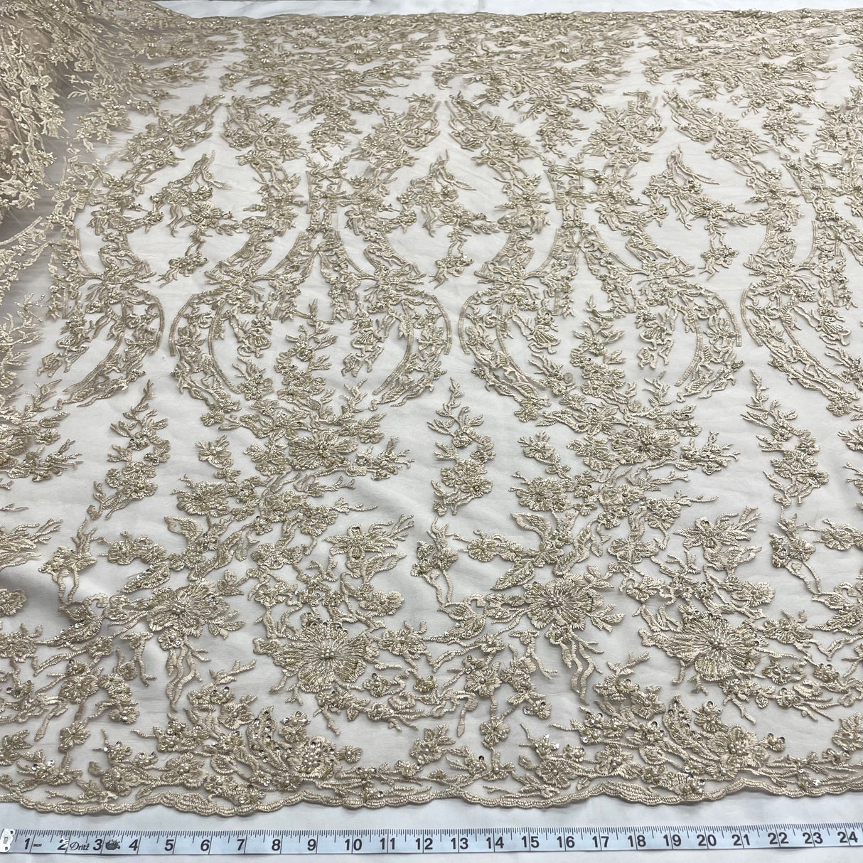 Beaded Lace Fabric Embroidered On 100 Percent Polyester Net Mesh - Silver, Champagne, 54" Width (1 Yard)
