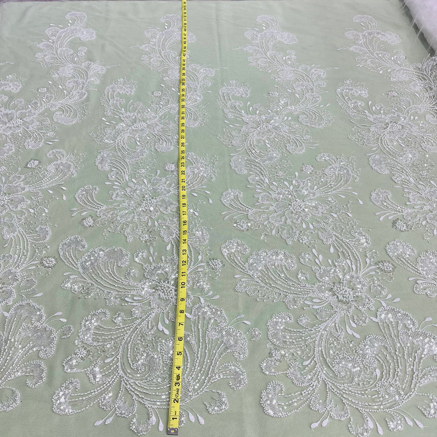 1 Yard Exquisite Beaded Lace Fabric Embroidered on Polyester Net Mesh White Ivory and Blush