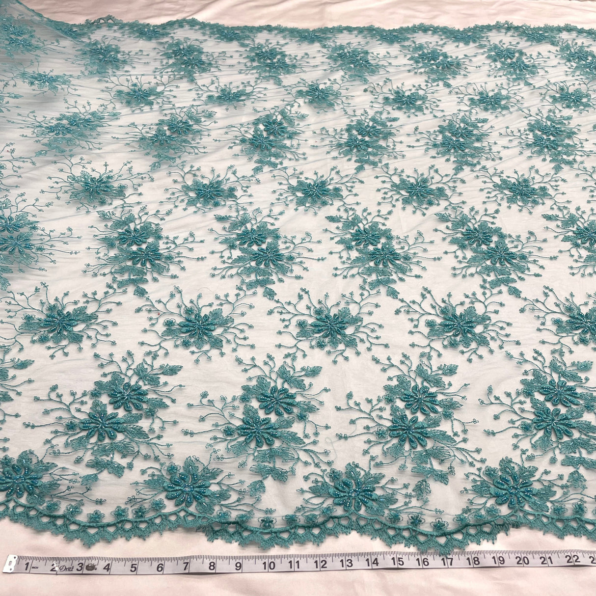Beaded Lace Fabric on Polyester Net Mesh