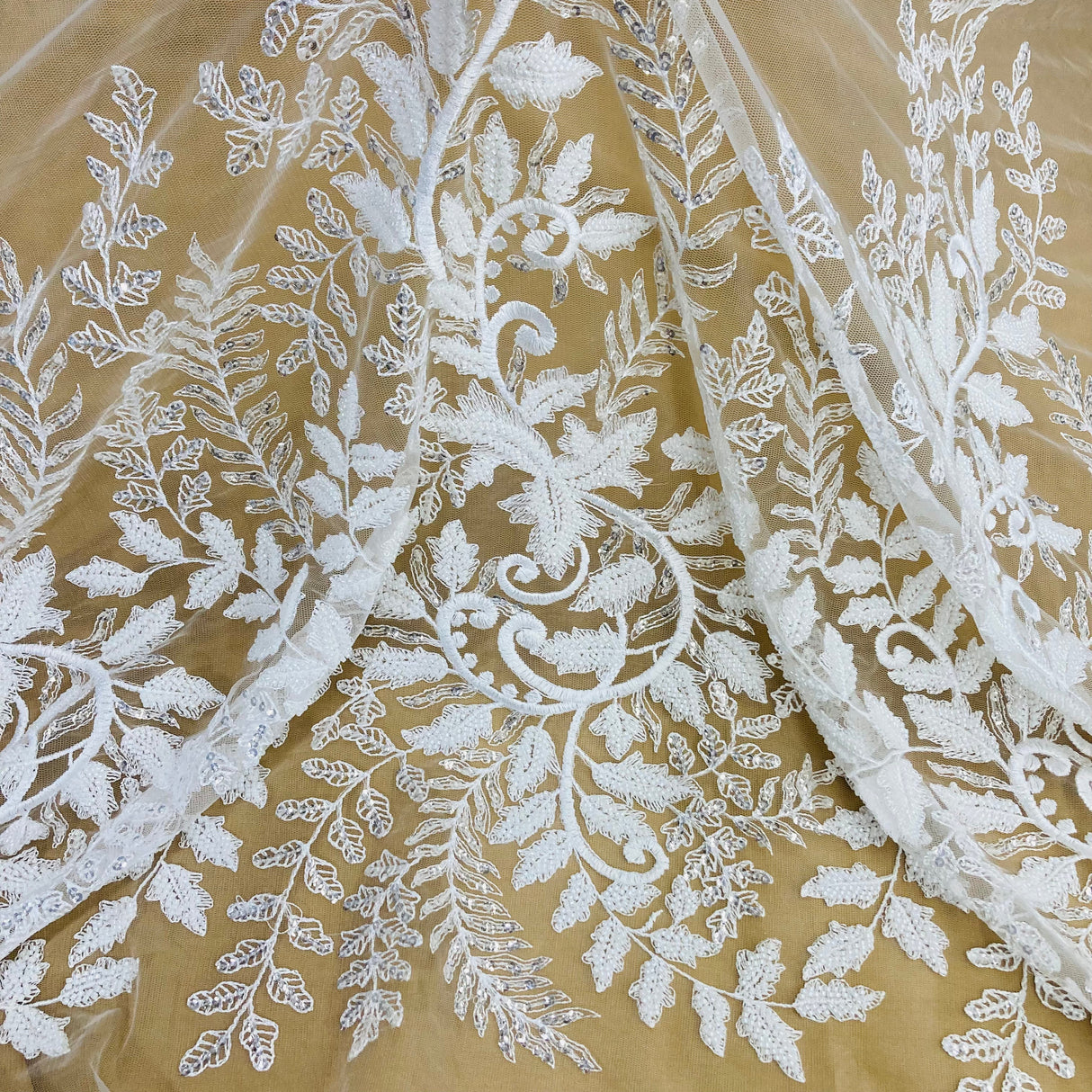 Beaded Sequined Lace Fabric on Polyester Net Mesh