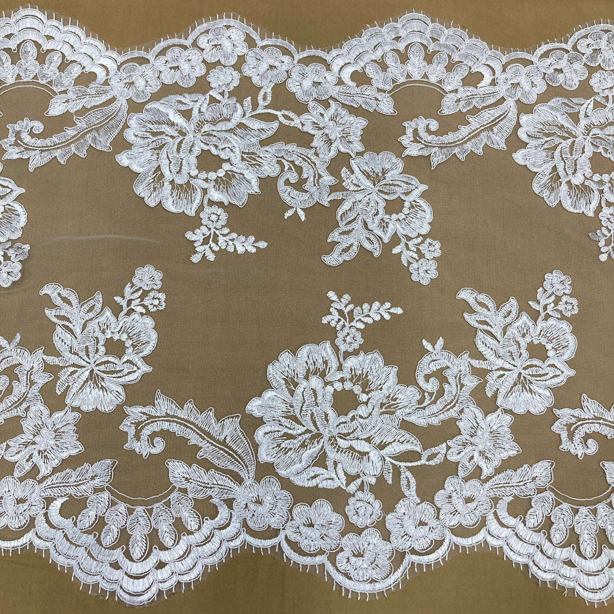 Double Sided Floral Lace Trimming Corded Embroidered On 100 Percent Polyester Net Mesh Fabric - Floral Corded Embroidered Lace Trim, 17.5" Width (1 Yard)