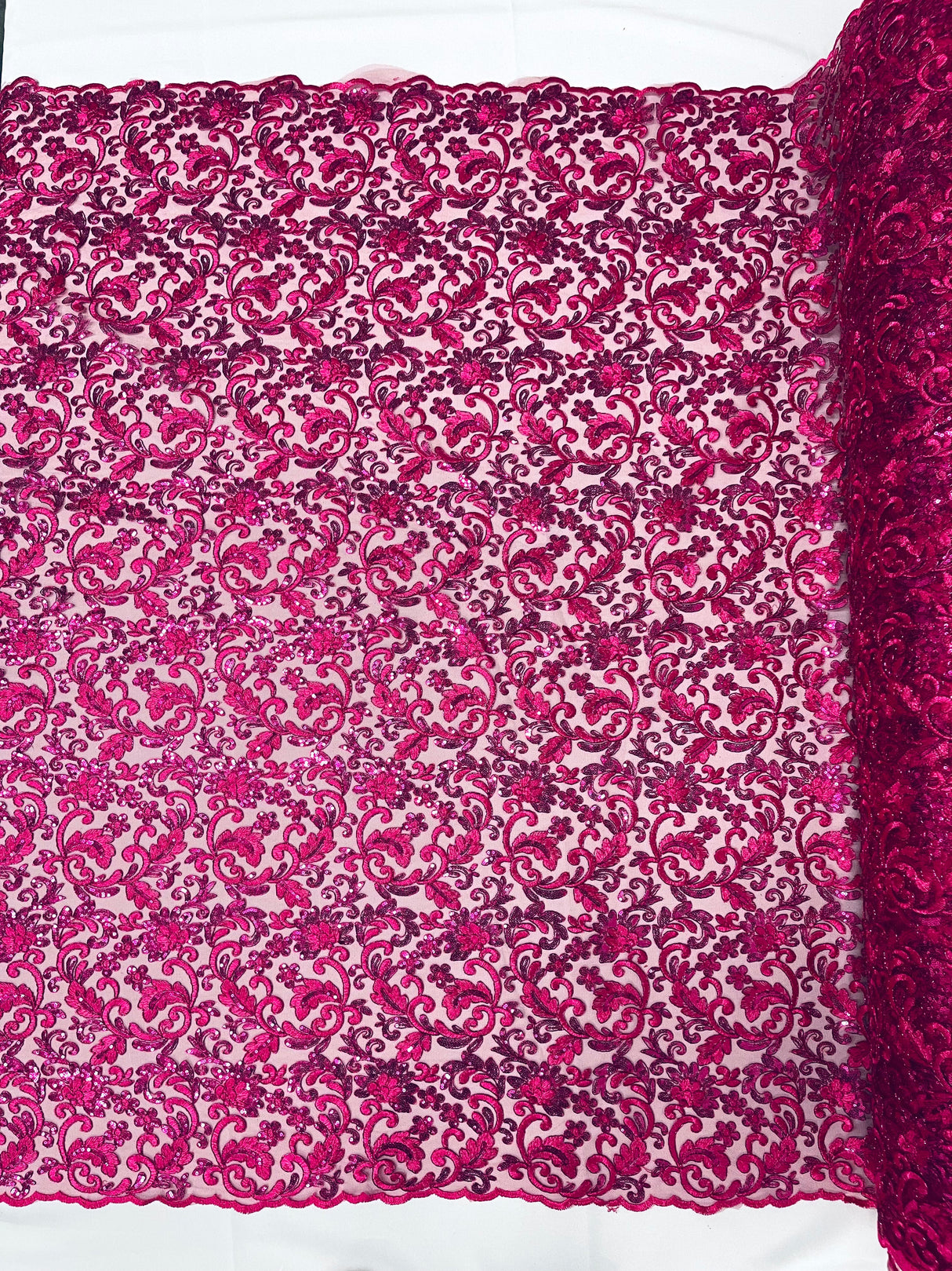 Angela Metallic Corded Lace Fabric - Embroidered Sequins Mesh Lace, Double Scallop Edge, 50-54" Width (1 Yard)