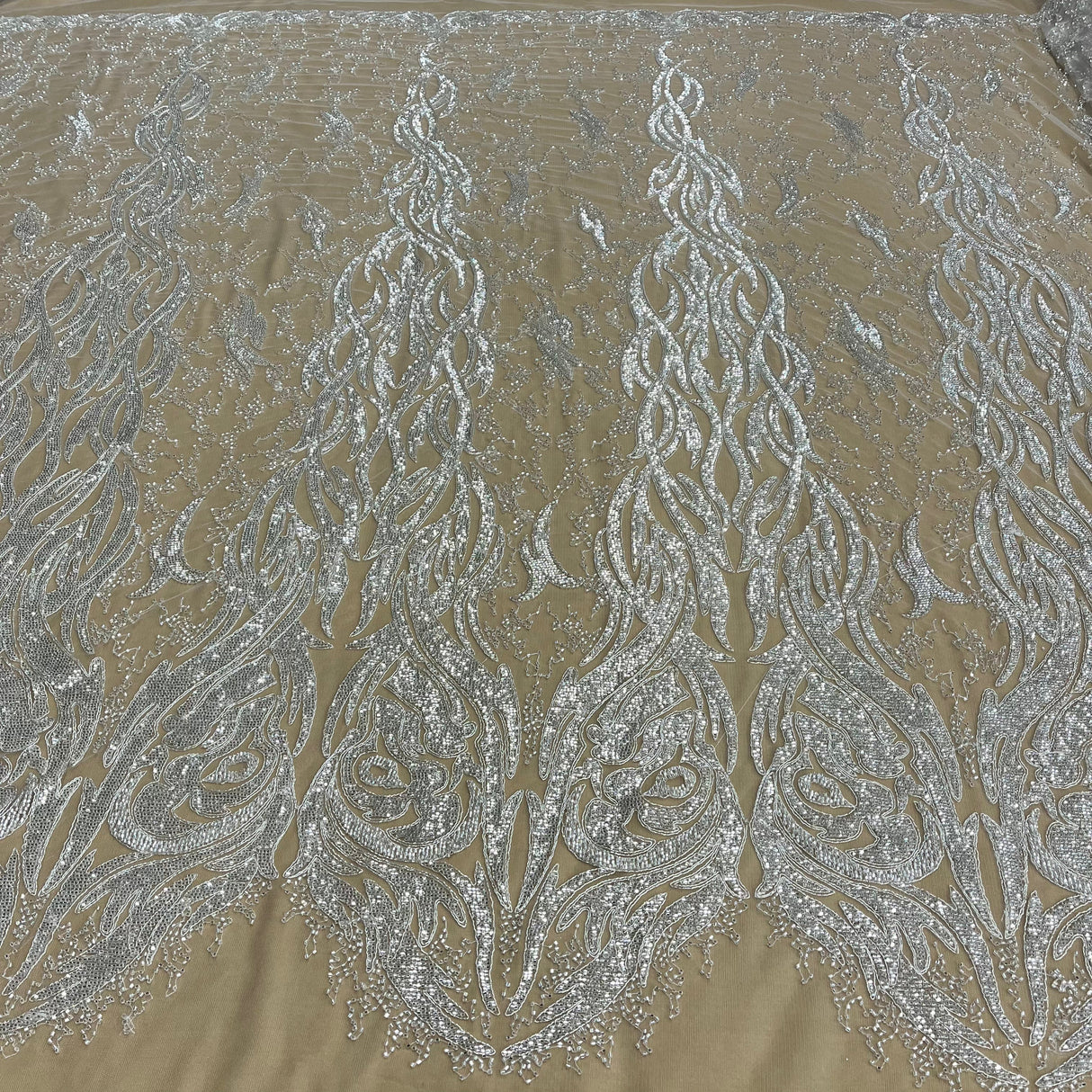 Beaded & Corded Bridal Lace Fabric - Embroidered 100 Percent Polyester Net Mesh, Ivory, Antique Silver, Gold, Silver, White, 58" Width (1 Yard)