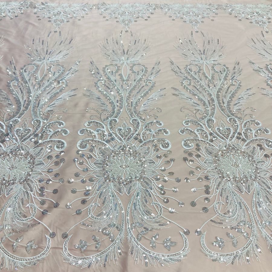 1 Yard Beaded Lace Fabric Embroidered on 100% Polyester Net Mesh | Ivory
