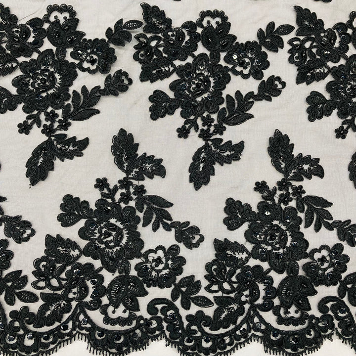 1 Yard Elegant Beaded and Corded Bridal Lace Fabric Embroidered on 100% Polyester Net Mesh White