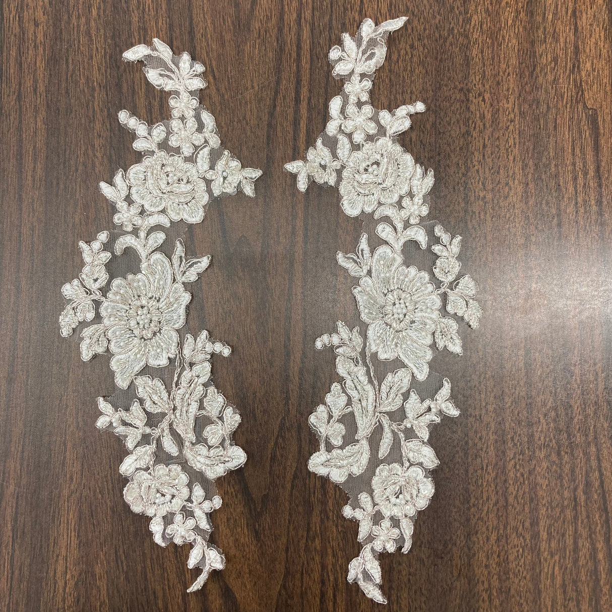 Beaded Corded Floral Lace Applique Polyester Fabric - Embroidered Net Mesh, 13" X 3", Black, Gold, Ivory, Silver, White, Ivory With Rose Gold Cording, White With Rose Gold Cording (1 Pair)