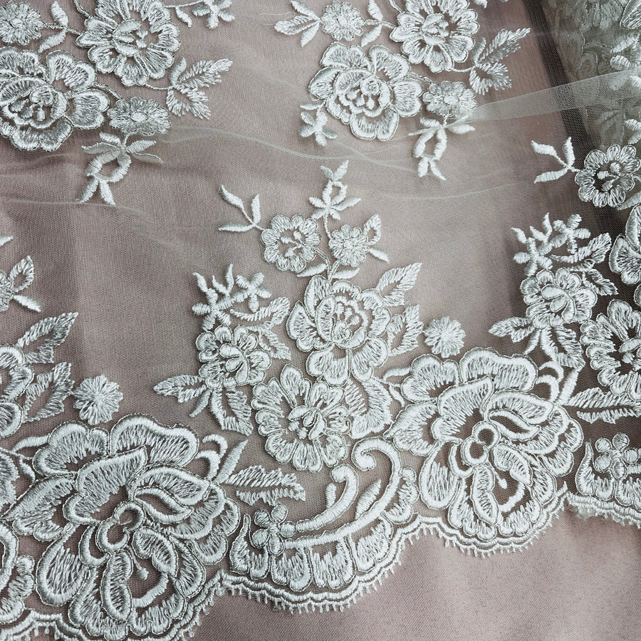 1 Yard Ivory Corded Bridal Lace Fabric Embroidered on Polyester Net Mesh 51 Inch Width