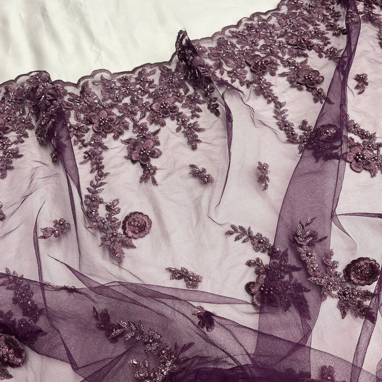 Beaded 3D Floral Lace Plum