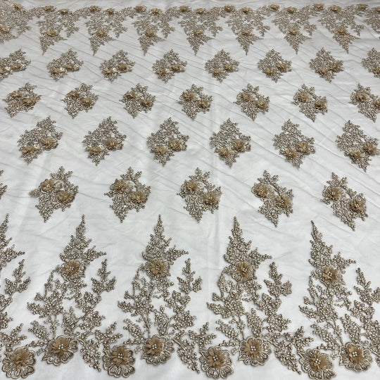1 Yard Silver Beaded 3D Floral Lace Fabric Embroidered on Polyester Net Mesh Couture 52 Inch Width