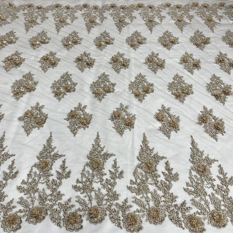1 Yard Silver Beaded 3D Floral Lace Fabric Embroidered on Polyester Net Mesh Couture 52 Inch Width