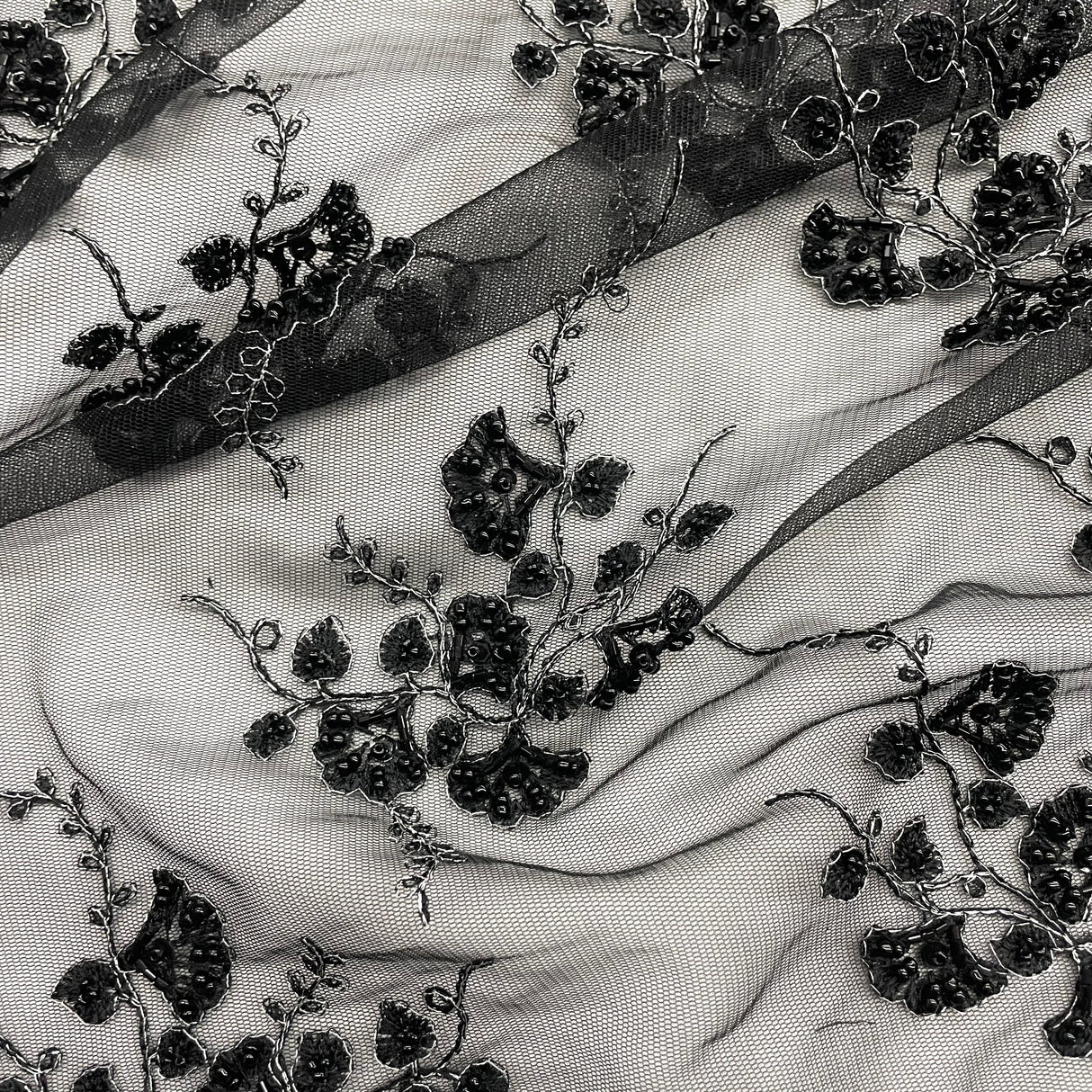 Beaded Sequined Lace Fabric on Polyester Net Mesh
