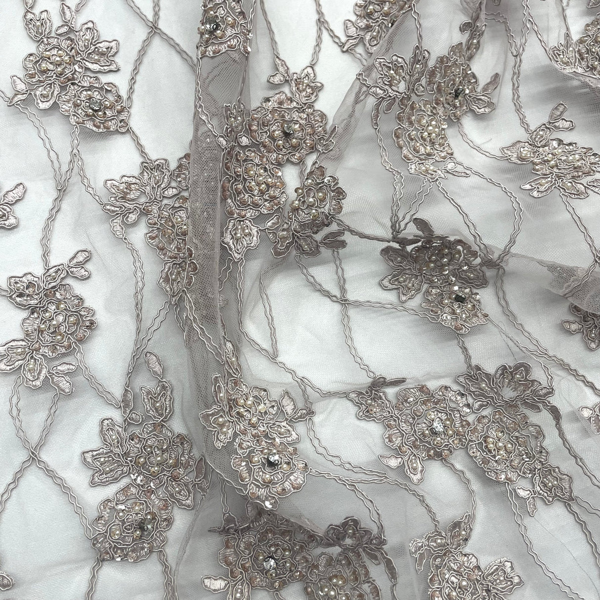 1 Yard Blush Beaded & Corded Bridal Lace Embroidered on Fabric 52" Wide Polyester Net Mesh
